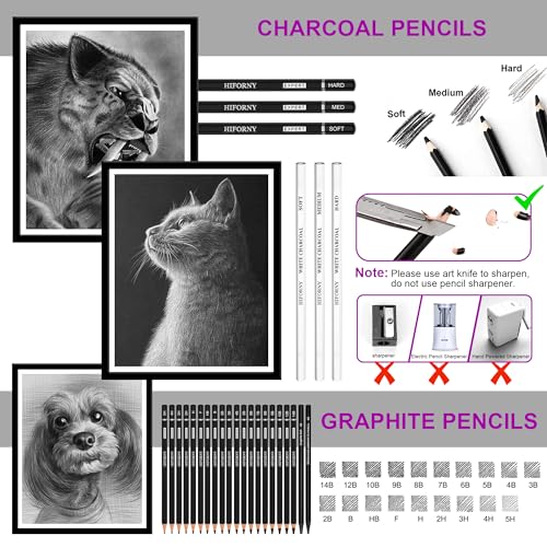 HIFORNY 60 Pcs Drawing Kit Sketching Pencil Set,Sketch Pencils Art Supplies with 3-Color Sketchbook,Graphite,Charcoal,Drawing Pencils for Adults Artists