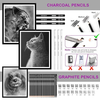HIFORNY 60 Pcs Drawing Kit Sketching Pencil Set,Sketch Pencils Art Supplies with 3-Color Sketchbook,Graphite,Charcoal,Drawing Pencils for Adults Artists