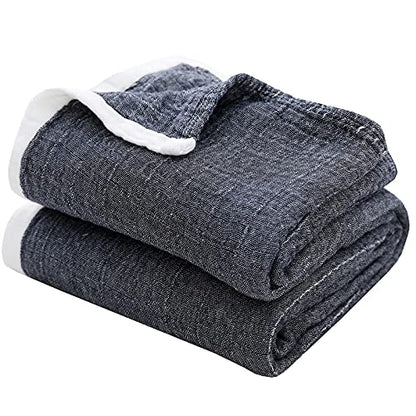 SE SOFTEXLY Muslin Throw Blanket, 4-Layer Dyed Yarn, 50”x60”, Dark Blue - color: 9-dark Blue, size: Throw-50" x 60"