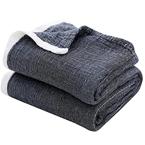 SE SOFTEXLY Muslin Throw Blanket, 4-Layer Dyed Yarn, 90”x102”, Dark Blue - color: 9-dark Blue, size: King-90" X 102"