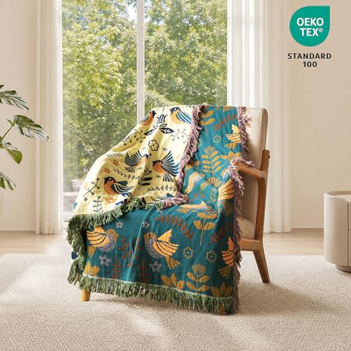 MSGKV Boho Throw Blanket 50"x60" Cotton Blanket for Couch & Living Room | 50"x60" Cotton Throw, Woven Bird Blanket, Living Room Decor, Summer Comfort, Decorative Throw, Sofa Cover, Machine Washable - color: A-teal Blue Bird, size: 50"x60"