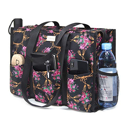 TOPDesign Utility Water Resistant Tote Bag with 13 Pockets, Zipper Closure - color: Baroque Cloves, size: Medium