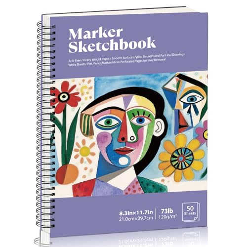 8.3×11.7In Marker Paper Pad, 50 Sheets Bleed-Resistant Paper, Spiral Bound | 120gsm Acid-Free Drawing Paper, Tear-Off Pages, Lays Flat, for Alcohol Markers, Pens, Sketching & Crayon - size: 8.3×11.7 Inch (1 Pack)