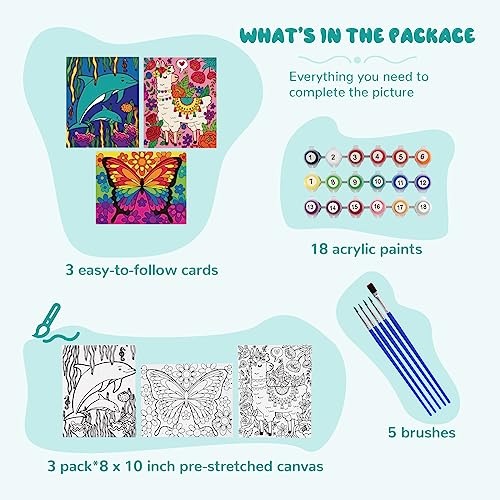 goldentime 3 Pack Kids Paint by Numbers Kit, Pre-Drawn Canvas Painting, Includes 8x10 inch Framed Canvas with 18 Acrylic Paints, 5 Brushes, Perfect Creative Gifts & Arts and Crafts for Kids - color: fantasy