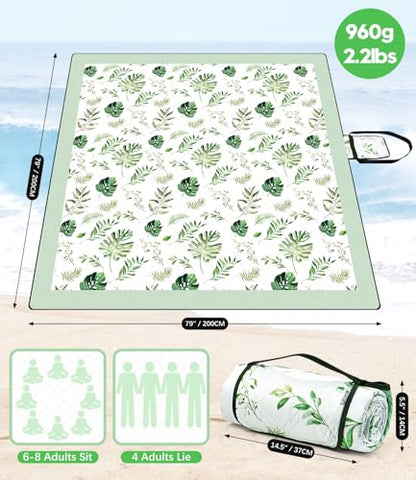 DEWUR Picnic Blankets 79"x79" Extra Large Outdoor Blanket Beach Blanket Waterproof SandProof Picnic Mat Washable Foldable Portable for Grass Lawn Beach Camping (Green with Leaves) - color: Green With Leaves