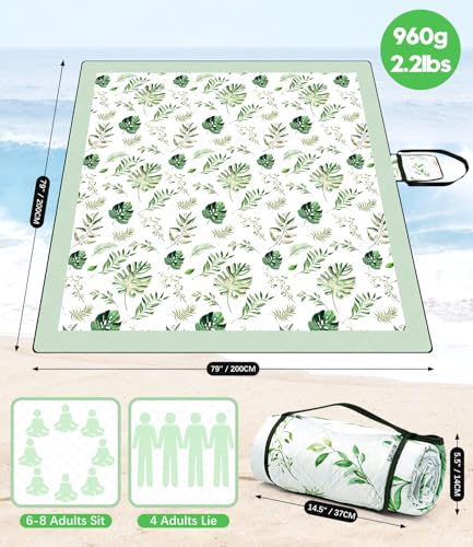DEWUR Picnic Blankets 79"x79" Extra Large Outdoor Blanket Beach Blanket Waterproof SandProof Picnic Mat Washable Foldable Portable for Grass Lawn Beach Camping (Green with Leaves) - color: Green With Leaves
