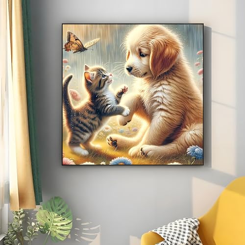Shouruihua Cat Diamond Painting Kits for Adults, Dog Diamond Art Kits | Animal, Gem Art, Diamond Dotz Kits, Diamond Dots, Wall Art, Adult Crafts, Full Round Drill Diamond Painting Kits, 11.8x11.8in - color: Cat and Dog