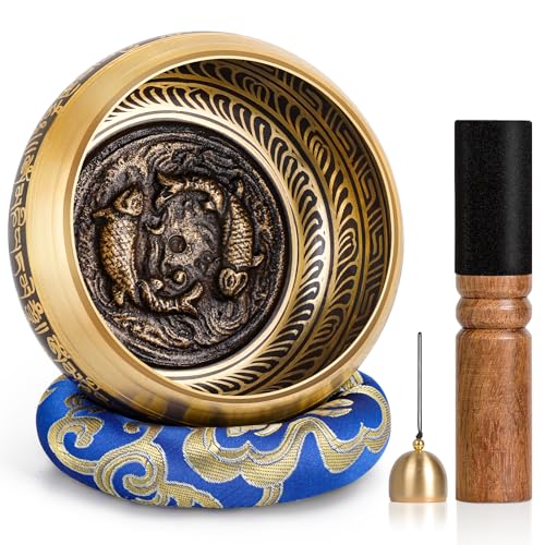 Hihealer Singing Bowl, Authentic Tibetan Sound Bowl for Yoga - color: Blue(Fish)