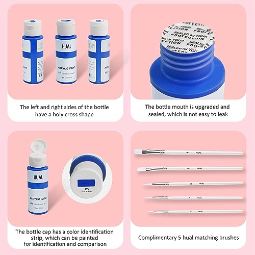 HUAL Acrylic Paint Set With 5 Brushes, 24 Colors (60ml, 2oz) for Artists Kids Beginners & Painters,Model/Canvas/Rock/Fabric/Glass/Stone/Ceramic/Wood Painting, Non Toxic - color: White Bottle