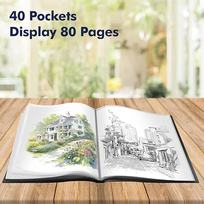 Art Portfolio Folder, 40 Clear Pockets Paper Protectors Display 80 Pages Clear Presentation Book for Artworks, Letters, Report Sheets, Documents (Can Accommodate 11” x17”) - size: 11x17inch (Black)