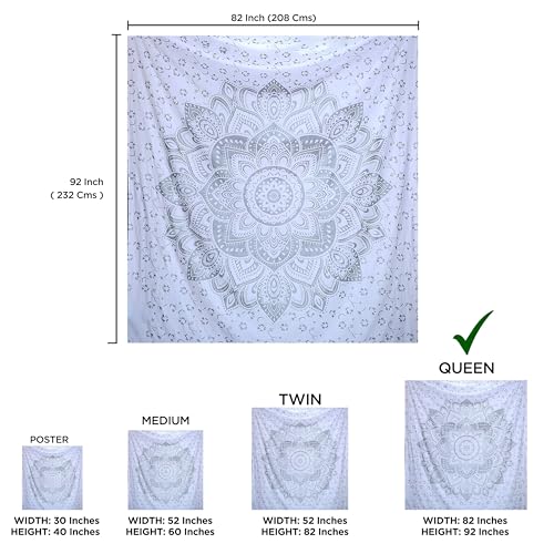 raajsee Glittering Silver Grey Tapestry Wall Hanging Mandala-Bohemian Room Decor-Indian Cotton Throw Hippie Tapestries -Boho Bedding White Golden Queen bedspread 82x92 inches-Meditation Yoga Mat Rugs - color: White Silver Passion Ombre, size: 92"L x 82"W