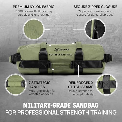 Yes4All Sandbags for Working Out, Adjustable Sand Bags for Weight Training with Handles, Multiple Colors & Sizes 5-200lbs - color: C. Army Green - L (50 -125 Lbs)