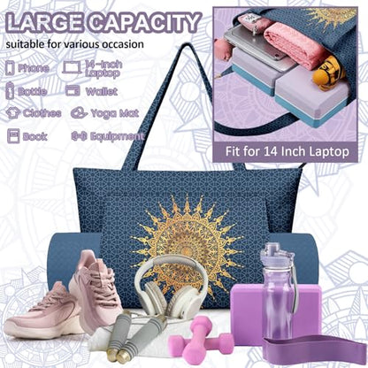 Yoga Bag for Women, Large Canvas Yoga Mat Tote Bag with Yoga Mat Carrier | Large Mat Pocket Fitness Tote for Pilates, Gym, Travel, Office & Beach - color: Blue Mandala