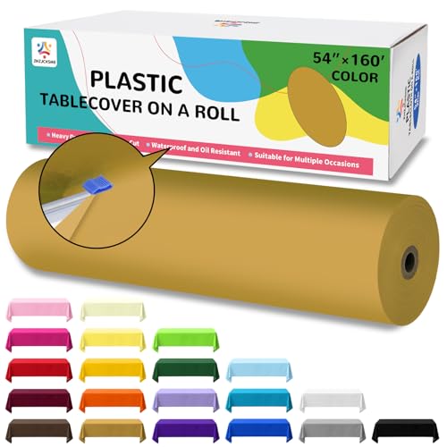 54IN X 160FT Plastic Table Cover Roll with Cutter Box, Cut to Size Plastic Table Cloths for Parties, Birthday, (Gold, 54"x1920") - color: Gold, size: 1920" x 54" (Rectangular)