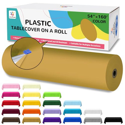 54IN X 160FT Plastic Table Cover Roll with Cutter Box, Cut to Size Plastic Table Cloths for Parties, Birthday, (Gold, 54"x1920") - color: Gold, size: 1920" x 54" (Rectangular)