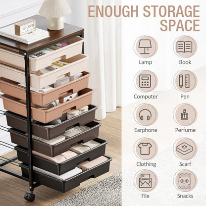 TOOLF Rolling Storage Cart with 8 Drawers,Brown - color: Brown