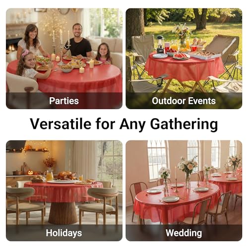 Auros 10-Pack Red Plastic Table Cloth, 84" Round Disposable Table Cover | Waterproof, Spill-Proof & Throw Away Table Cloth, Easy Cleanup for Party, Birthday, Wedding, Graduation, Picnic, Party Red - color: Party Red, size: 84" Round