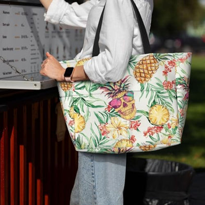 Large Beach Bag for Women Waterproof Foldable Travel Shoulder Tote Bag with Pocket for Weekender Pool Vacation - color: Pineapple Beige