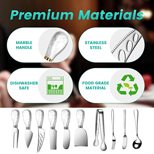 Marble Ceramics Charcuterie Accessories, Cheese Spreader Knive Set for Ceramics Silver Handle Butter knives, Mini Cheese Knife Kit Slicer With Tongs, Spoons, Forks,Honey Dipper (23 Pack) - color: Marble Silver