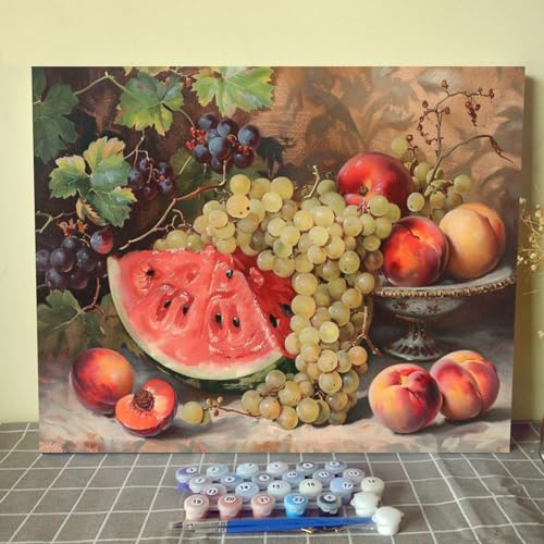 Fruits DIY Paint by Numbers for Adults Vintage Fruits DIY Digital Oil Painting Grape Watermelon Orange Peach Plum Painting Kits Canvas Acrylic Paint Funny Room Decor 16x20 Inch （without Frame ） - color: Wine Fruit 05, size: 16''x20''(Frameless)