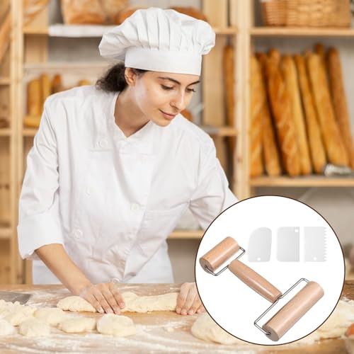 JJUNW 1 Pc Small Rolling Pin, Wooden Pizza Dough Roller Rolling Pin Clay Texture Roller, Baking Double-Ended Rollings Pins With 3 Scrapers For Cookies, Pie, Bread Dough Kitchen Tool