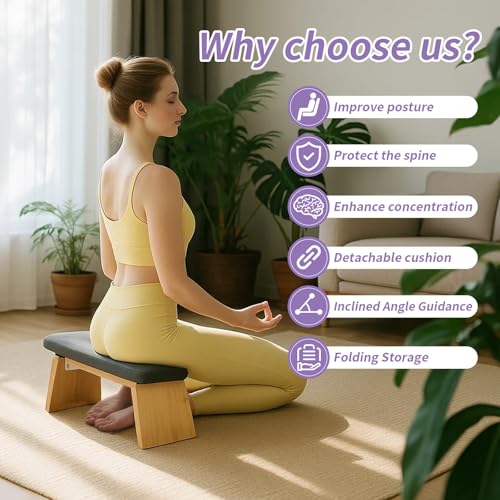 Bamboo Meditation Bench, Folding Meditation Stool with Velvet Cushion & Carry Bag, Seiza Prayer Stool, Kneeling Meditation Bench for Yoga, Mindfulness & Zen Practice