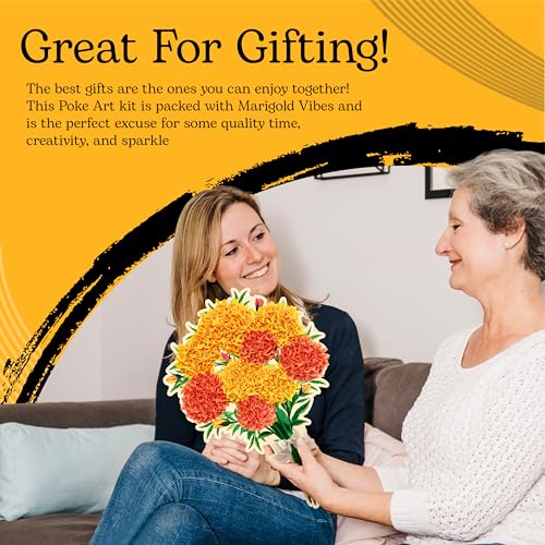 Unwynd Poke Art Marigold Flower Bouquet Kit for Adults, Women and Teens | Hobby activity, brain puzzles, adult, 12 illustration sheets, 12 pages of stickers, 12 colour pages Rubbing Plates & Supplies - style: Marigold
