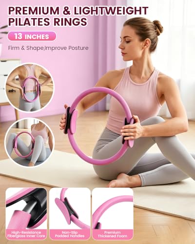Pilates Kit, 24 in 1Home Pilates Workout Kit for Women, Pilates Equipment with 13" Pilates Ring and Ball, Starter Home Workouts - color: Pink