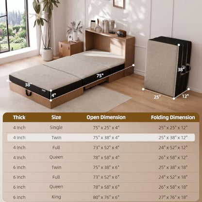 ROXGOX Memory Foam Trifold Mattress, Twin Portable Floor Bed 4 Inch, Foldable Mat with Washable Cover, Handle & Non-Slip Bottom, for RV, Travel, Camping, Yoga, 75"x38"x4", Grey - size: Twin Size, style: 4 Inch-Grey
