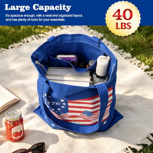 Canvas Tote Bag with Zipper for Women, Halloween Trick or Treat Bags Bulk | 13.8" x 15.3" Fashionable Two-Tone Cotton Tote Bag for Crafts, DIY Your Creative Designs - color: [A0] Freedom - Blue