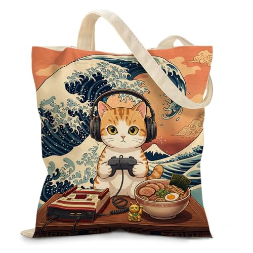 Aesthetic Canvas Tote Bag for Women - with Magnetic Snap Closure & Zipper Inner Pocket Reusable Bag for Shopping - color: Catgame1