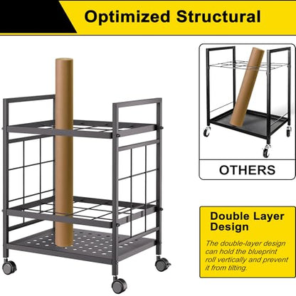 GIOTORENT Blueprint Storage Rack, Blueprint Holder with Wheels, Used for Storing Map/Poster/Blueprint/Architectural Construction Plan, 12 Slots, 2 Brakes, Silent Wheel for Home, Office, School(Black) - style: 12 Slots - Black