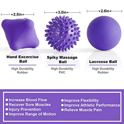 Posture Magic Massage Ball Kit for Myofascial Trigger Point Release & Deep Tissue Massage - Set of 6 - Large Foam/Small Foam/Lacrosse/Peanut/Spiky/Hand Exercise Ball (Purple) - color: Purple