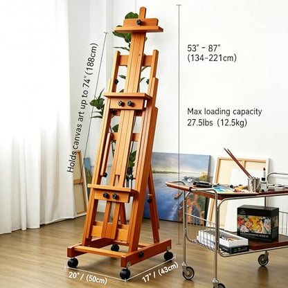 PHOENIX Versatile Studio H-Frame Easel - Solid Beech Wood with Locking Casters, Adjustable Angle & Height, Heavy Duty Canvas Holder with Storage Tray for Professional Artists - Light Walnut