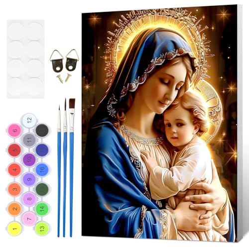 HEIBAGO Framed Paint by Numbers Kit for Adults, Virgin Mary Adult Paint by Number Kits on Canvas, Paint by Numbers for Adults Beginner, DIY Painting by Numbers for Gift Home Decor 8x12In - color: Virgin Mary