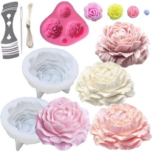 3PCS Rose Peony Flower Silicone Candle Molds 3D Rose Fondant Mold with Large-Eye Wicking Needle,Candlewick Soap Molds Epoxy Resin Casting Candle Molds Chocolate Cake Dessert Decor Art Crafts - color: Rose-Peony