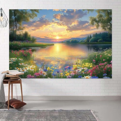 7X5ft Lake Natural Scenery Backdrop Spring Natural Scenery Flowers Landscape Mountain Forest Trees Flower Blue Sky Photography Background Picnic Camping Hiking Spring Travel Vacation Backdrop - color: Green, size: 7x5FT