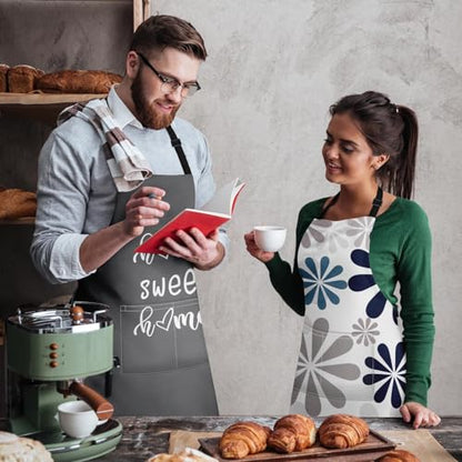Apron with Pockets, 32x28 inch, 2 Pack, Grey Daisy | Geometric Flowers Adjustable Bib with Pockets for Women Men Couple Lovers Chef Home Baking Gardening - color: Flowers Daisy