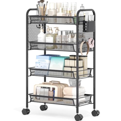 KINGRACK 4 Tier Rolling Cart, Metal Utility Storage Cart with Pegboard | Screwless Assembly, Lockable Wheels, 4 Hooks & 1 Bin, Mobile Organizer for Bathroom Kitchen Office Craft Room Laundry, Black - color: Black, size: 4-Tier