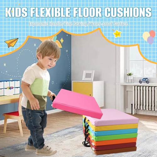 8 PCS 16 Inch Square Floor Pillows with Handles | Waterproof Synthetic Leather Flexible Seating Cushions | 16''x16''x2'' Thick Floor Cushions for Classroom, Home, Yoga & Meditation - color: Yellow, Red (Maroon), Light Pink, Sky Blue, Bright Pink (Fuchsia)