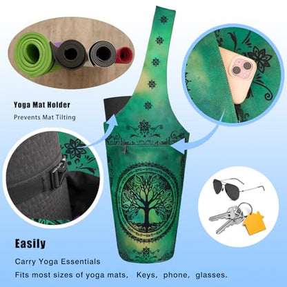 Yoga Mat Bag - Large Opening Long Tote Yoga Mat Carrier Holder Bag with Waterproof Wet Zipper Pocket and Drawstring Water Bottle Pocket - Yoga Bag Fit Most Size Mats - color: Tree of Life Green