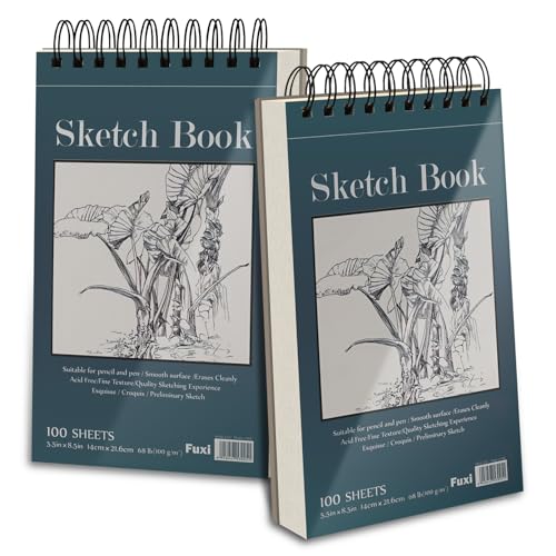 Fuxi Small Sketch Book, Spiral-Bound Sketchbook 5.5 x 8.5 2-Pack 200 Sheets | Small Sketchbook, 100 Sheets Each, 68lb/100gsm Drawing Paper Pad, Small Sketch Pads for Drawing for Adults, Kids & Beginners. - color: Aegean Blue