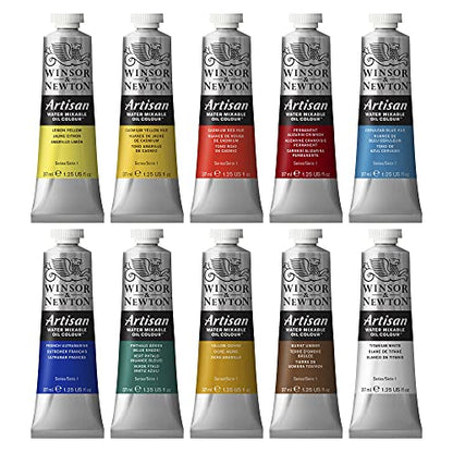 Winsor & Newton Artisan Water Mixable Oil Paint Set, 10 x 37ml Tubes | Clean with water; no solvents needed. Color depth, lightfastness, opacity/transparency are the same as traditional oils. - style: Tube Set 10 x 1.25-oz