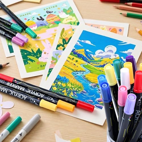 48 Colors Dual Tip Acrylic Paint Markers, Coloring Paint Pens Set, Fine Tip and Dot Tip Acrylic Paint Markers for Rock, Stone, Glass, Fabric, Canvas, Gifts for Teens, Art Painting Supplies Kit - color: 48 Colors Brush & Dot