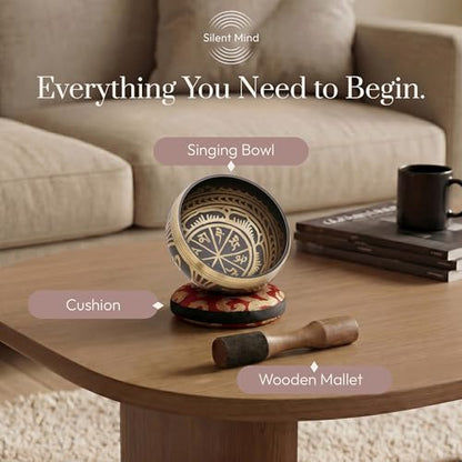 Silent Mind Tibetan Singing Bowl Set – Easy to Play & Beginner Friendly Meditation Bowl with Cushion & Mallet | Stress Relief & Mindfulness | Gift-Ready - color: Antique Light Brown, size: Without Case