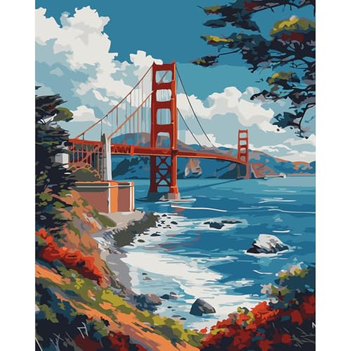 Fountor Paint by Numbers Kit for Adults Beginner, Golden Gate Bridge Adult Paint by Number Kits on Canvas Without Frame, San Francisco Scenery Oil Paint by Numbers for Home Decor Gift 16” W x 20”L - color: LOP815, size: Frameless