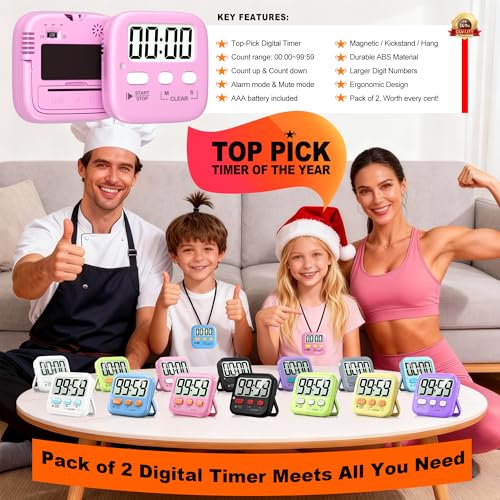 Antonki 2 Pack Digital Timer for Kids Classroom Kitchen Timers for Cooking | w/ Battery, Easy to View, Alarm, Mute Mode, Count Down/Up, Magnetic, Kickstand, Hanging, Classroom Timer for Teacher Supplies - color: Relaxing Pink