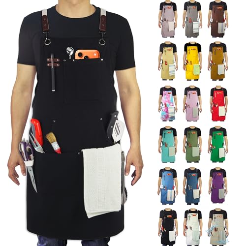 Kitchen Apron, Work Apron, Canvas, Multiple Pockets, Gardening, Painting, BBQ, Artist, Carpenter, Sizes M to XXL, Black | Multiple Pockets, Gardening, Painting, BBQ, Artist, Carpenter, Sizes M to XXL - color: Black