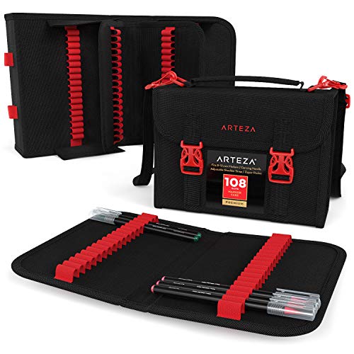 ARTEZA Marker Pen Organizer Case, 108 Slots, Removable Baldric, Zipper Pocket and Carrying Handle, for Drawing Markers and Pens, Art Supplies for Artists and Hobby Painters