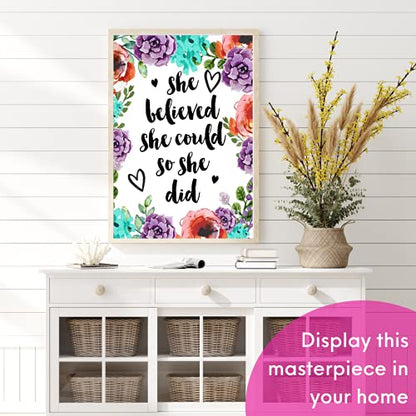 Modern Merch Inspirational Diamond Art for Adults DIY Motivational Quote Wall Art Floral 5D Diamond Painting for Adults, Flowers Cross Stitch Gem Art, Round Drill 12x16 - color: She Believed
